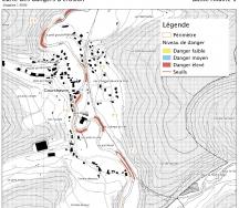 Gemeinde Courchavon, Ausschnitt aus der Gefahrenkarte für den Prozess Ufererosion mit Gefahrengebieten erhebli-cher Gefährdung (rot) entlang der Allaine.