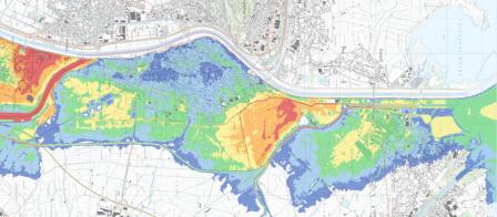 Beispiel einer Überflutungskarte basierend auf einem Szenario mit Dammbruch rechts auf Höhe Alter Rhein / Diepoldsau.