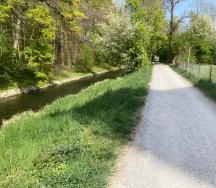 Der gerade Uferweg rundet das monotone Erscheinungsbild ab. Der Flussraum ist kaum erlebbar. Zukünftig verläuft der Weg leicht geschwungen und in wechselndem Abstand zum Gerinne.