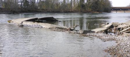 Buhne an der Aare in Rubigen in «alarmierenden» Zustand. Mit der Aufnahme in den Schutzbautenkataster kann nun der Wasserbaupflichtige die Reparatur effizient planen.